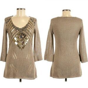 Vtg 90's Vertigo Paris Golden Tan Sequin Beaded V-neck Tunic Sweater Sz M